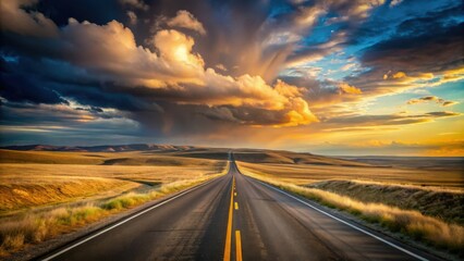 Naklejka premium Golden Hour Highway A Scenic Drive Through Rolling Hills Under Dramatic Sunset Clouds