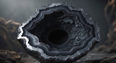 Textured Geode Surface in Dark Gray and Black with Organic Edges and Empty Center for Creative Copy Space in Abstract Natural Background