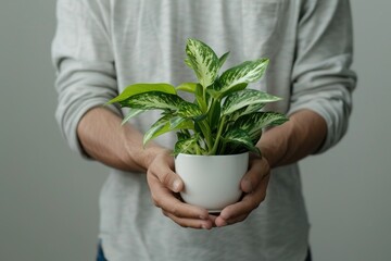 High Quality Image of Closeup Man Holding House Plant