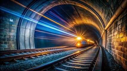Obraz premium Mysterious Night Train Disappearing into Tunnel - Dramatic Stock Photo