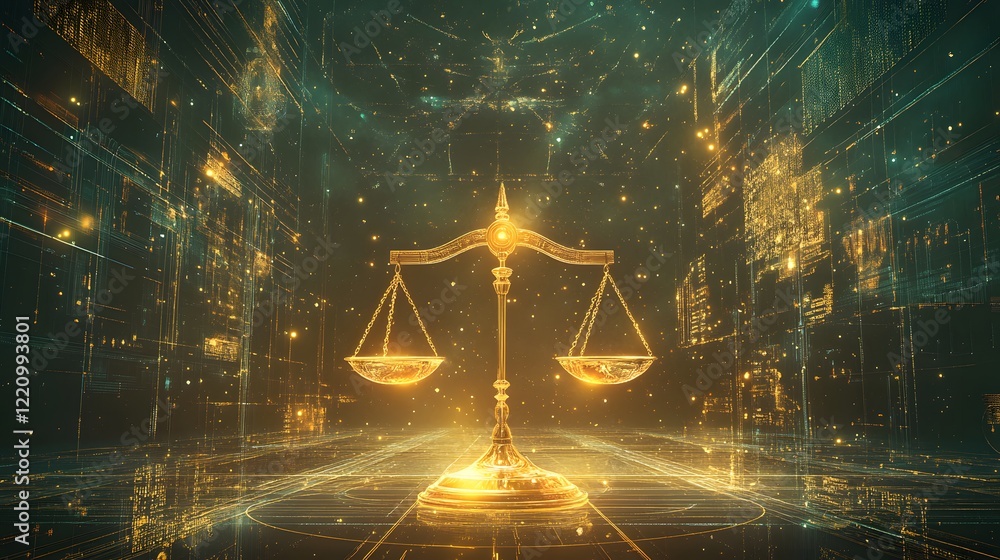 Poster a symbolic representation of ethical ai as a balance scale glowing with golden light, surrounded by 