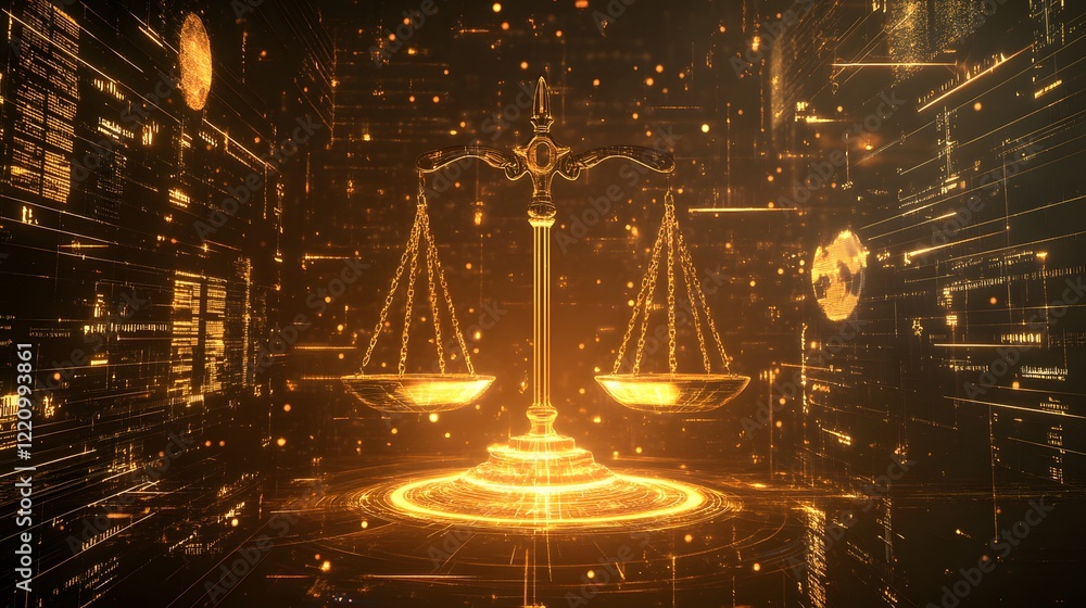 Poster a symbolic representation of ethical ai as a balance scale glowing with golden light, surrounded by 