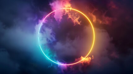Glowing neon ring against a dark cloudy sky, vibrant colors blending with mist, ideal for abstract design concepts.