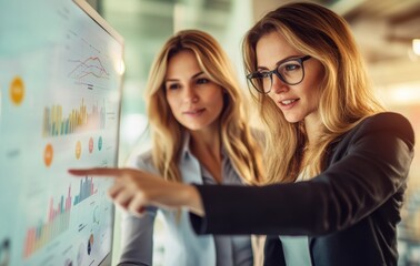 Two focused businesswomen analyze vibrant data visuals on a futuristic display, embodying innovation and collaborative decision making.