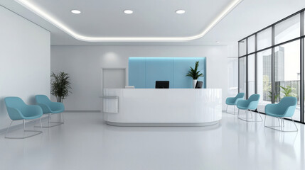 Contemporary reception area with modern design and blue accents.