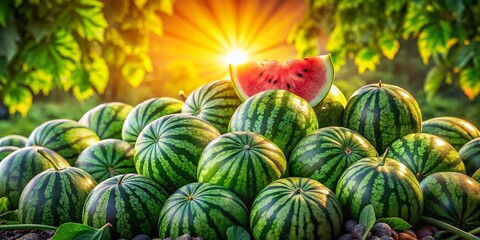 Silhouette of Watermelon Pile with Lush Leaves - Summer Fruit Background Stock Photo