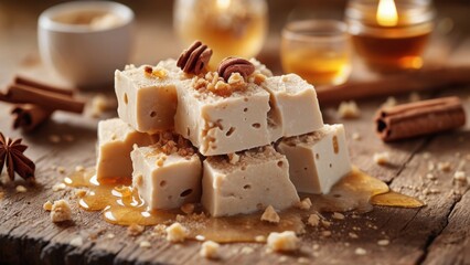 Tender halva with aomant spices on the table, close-up