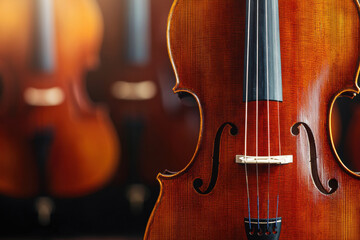 Fototapeta premium Close up of baroque cello glowing under soft classical lighting