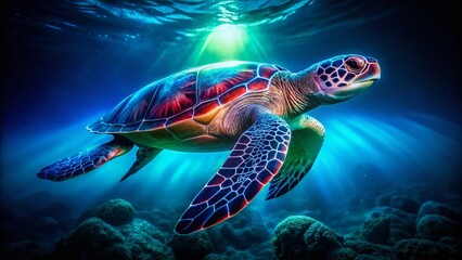 Fototapeta premium Neon Sea Turtle Underwater: Bioluminescent Reptile in Ocean Depths