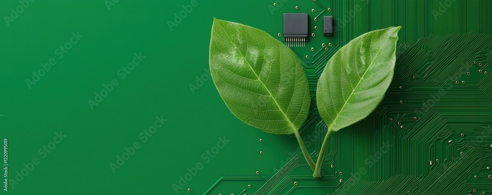 Poster a green background features two leaves intertwined with a circuit pattern, symbolizing the fusion of