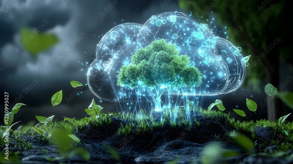 Poster futuristic digital cloud based environmental impact assessment showcasing advanced data analytics an