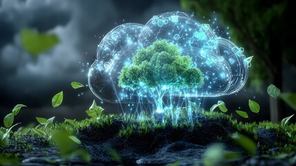 Futuristic digital cloud based environmental impact assessment showcasing advanced data analytics and green technology icons representing sustainability and eco friendly practices for a greener