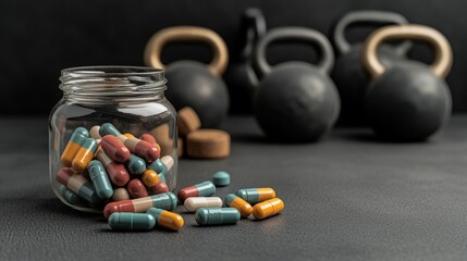 Fitness supplements for a performance boost. Glass jar with colorful capsules beside kettlebells on a dark surface.