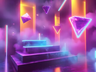 Surreal digital artwork featuring floating geometric shapes in bright neon tones for captivating prints