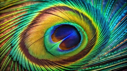 Obraz premium Close-up view of iridescent peacock feather, showcasing intricate details and vibrant color spectrum of natural beauty