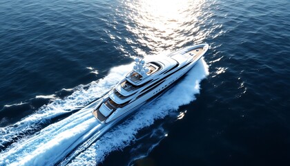 Fototapeta premium Luxury Yacht Sailing Ocean Aerial View Sunlight Wake