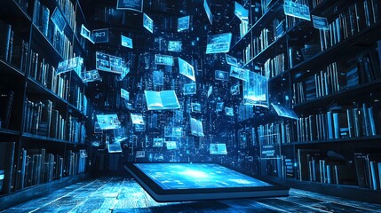 Futuristic Digital Library with Glowing Tablet and Projected Interactive Books