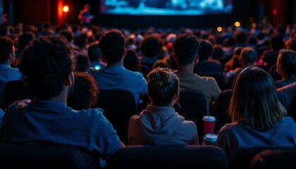 Movie Theater Audience Watching Film Screen Back View Dark Setting