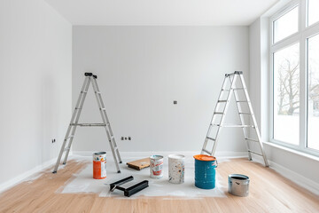 Empty room with ladders and paint supplies ready for home renovation work.