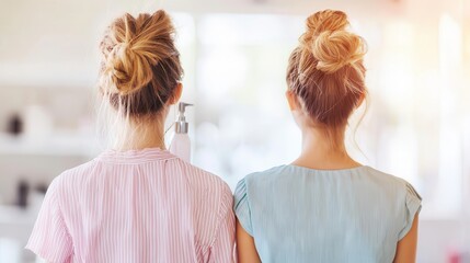 Fototapeta premium Organic haircare for styling. Two women with bun hairstyles facing away in a bright environment.