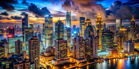 Night Cityscape, Illuminated Buildings, Urban Night Photography, Digital Advertising Background