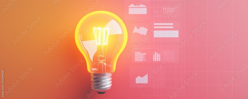 Poster a glowing light bulb on a gradient background with various icons representing ideas, data, and analy