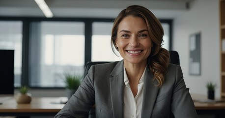 A confident businesswoman smiling at the camera during a video conference call