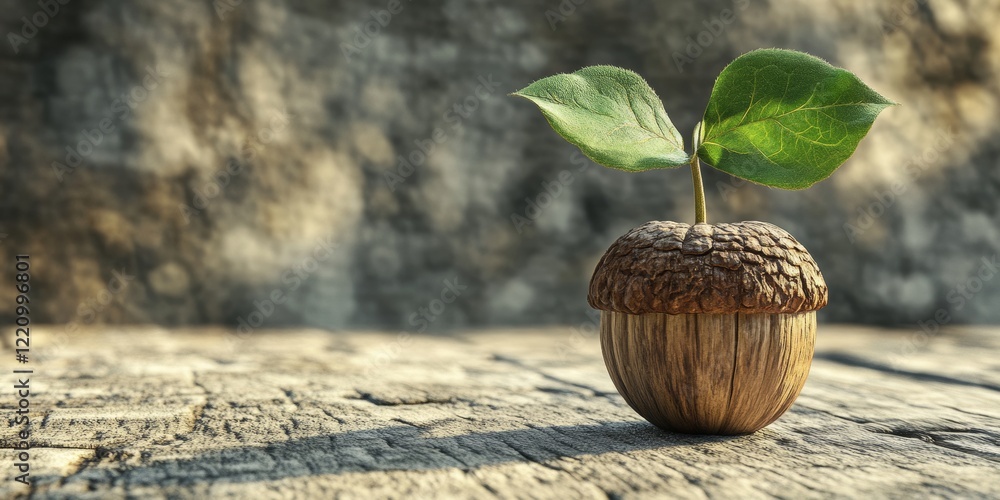 Poster fresh acorn sprout emerging in springtime 3d render with leaves