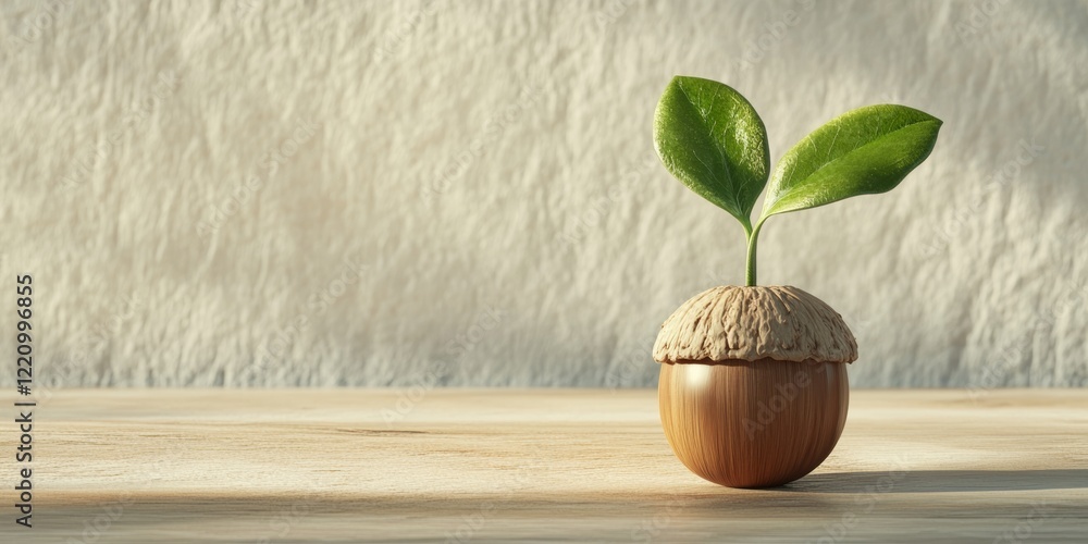 Poster fresh sprout emerging from acorn with 3d rendered background