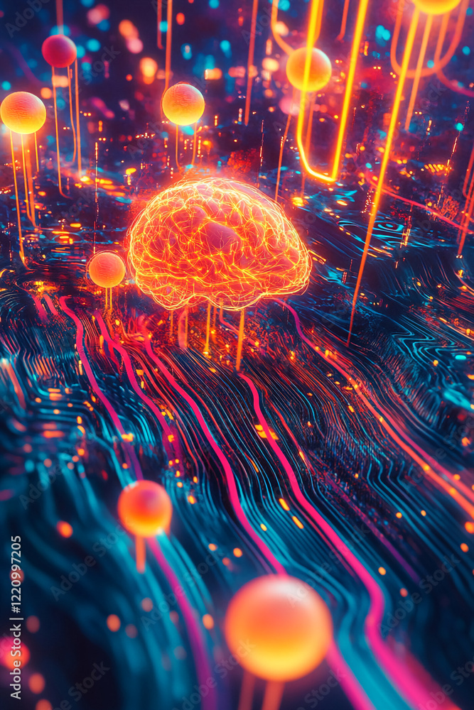 Poster abstract brain design with glowing lines, spheres, and dynamic colors on a digital background