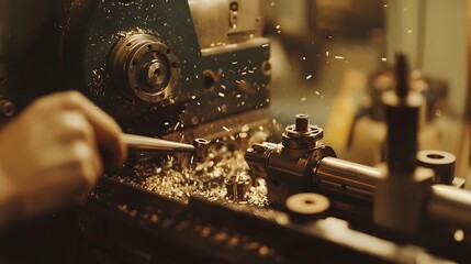Industrial Lathe Machine Metalworking with Skilled Operator Hands Performing Precise Mechanical