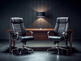 Sleek Black Leather Office Chairs & Modern Dark Desk Setup - Stock Photo
