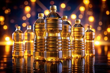 Night Photography: Repeating Pattern of Vegetable Oil Bottles, Dark Background, Studio Shot