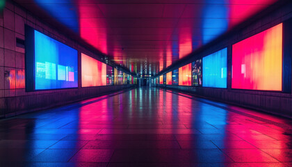 Long empty underground station illuminated by vibrant glowing displays reflecting on smooth surfaces