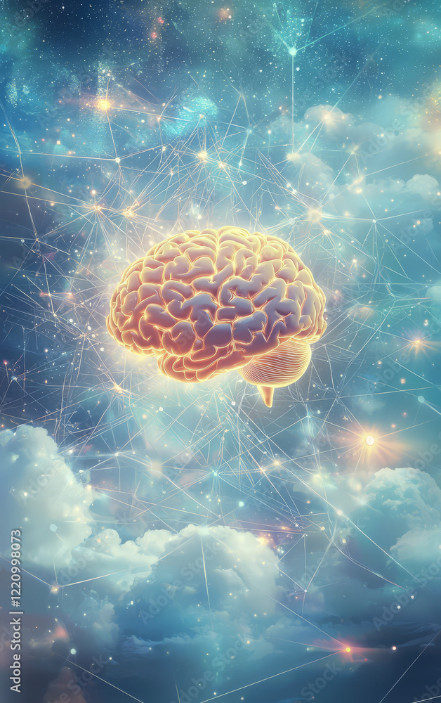 Poster mind's nebula: a glowing brain, nestled within a dreamy nebula of ethereal clouds and connected netw