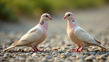 Gentle doves amidst gravel, their soft feathers blend with surroundings, camouflage, muted