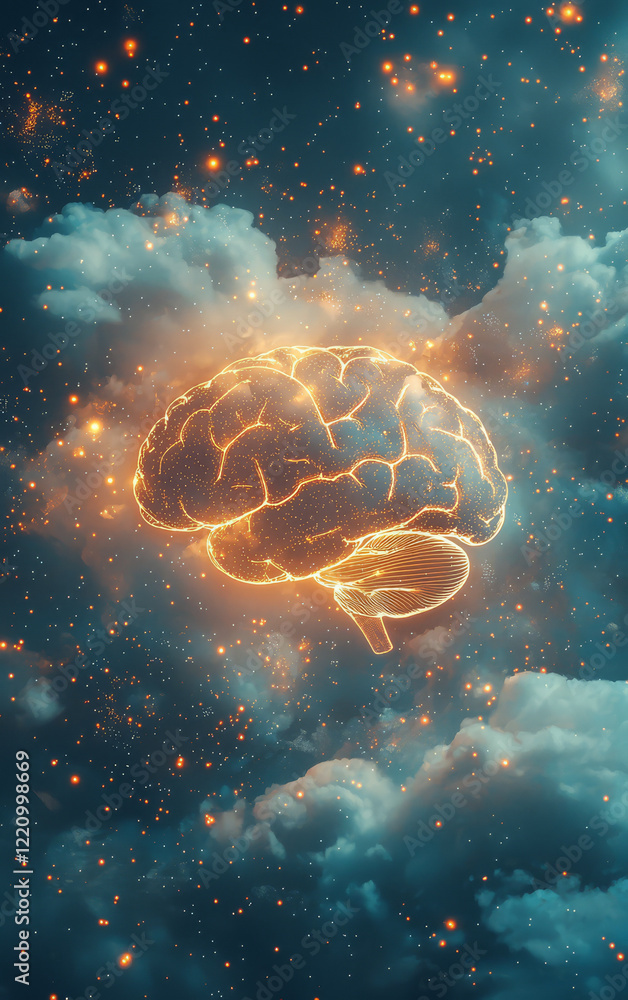 Poster cosmic cognition: an illuminated brain floats amidst clouds, illuminated in space, evoking imaginati