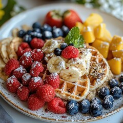 Delicious waffles with berries, banana, and mango. Breakfast food photography for menus