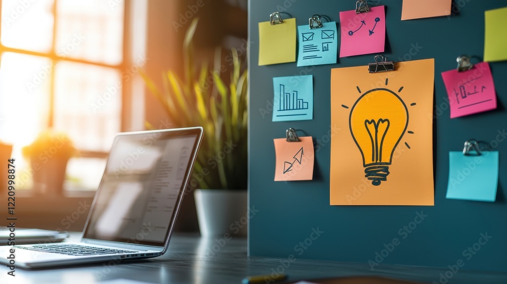 Poster creative brainstorming sticky note concept. workspace with laptop and colorful sticky notes featurin