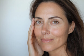 A woman around 35 years old, with a satisfied expression, on a white background orange. Her skin appears smooth and rejuvenated, showcasing the effects of HIFU treatment