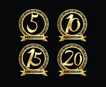 Golden anniversary logos celebrating 5, 10, 15, and 20 years