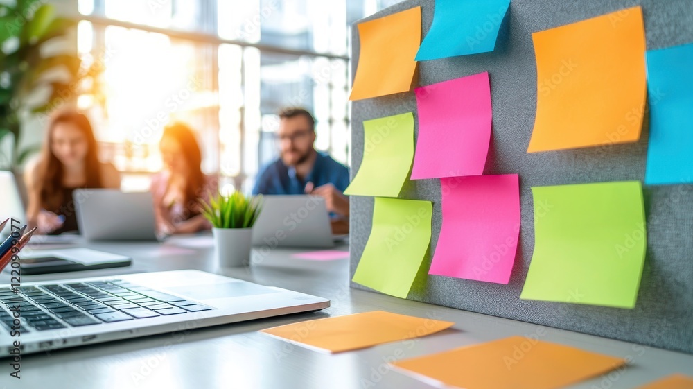 Poster creative brainstorming sticky note concept. vibrant workspace with sticky notes and professionals co