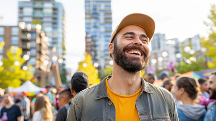 Fototapeta premium bearded man in cap smiles joyfully at bustling street fair in metropolitan neighborhood, surrounded by diverse crowd and modern buildings
