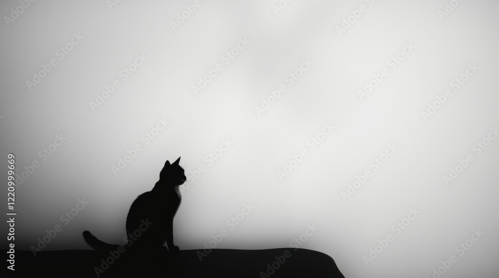 Poster silhouette of a cat sitting against a light background. a minimalist monochrome image perfect for va