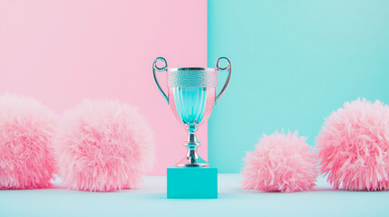Pastel Trophy Scene: A Silver Cup on a Teal Pedestal with Pink Fluffy Balls