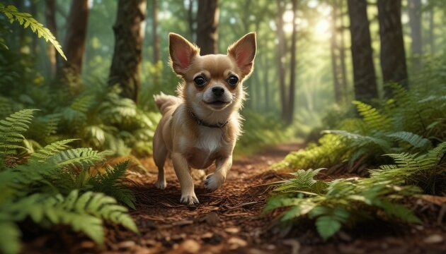 A Chihuahua running through the forest with ferns and leaves on the ground, outdoor, running, cascada basaseachi chihuahua