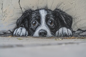 Fototapeta premium A black and white dog is peeking out from behind a wall