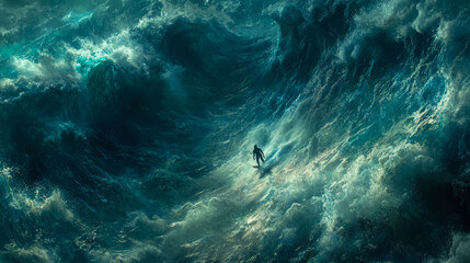 Fototapeta premium Advertising banner of A person surfing on a large wave, full of adrenaline and joy. Lone Figure Amidst a Turbulent Ocean Storm for Dramatic Nature's Fury