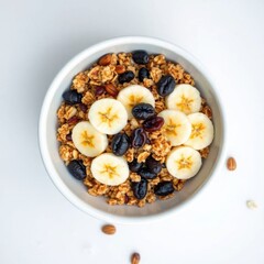 Healthy and delicious granola bowl with banana slices, berries, and nuts. Perfect for a nutritious breakfast or snack.