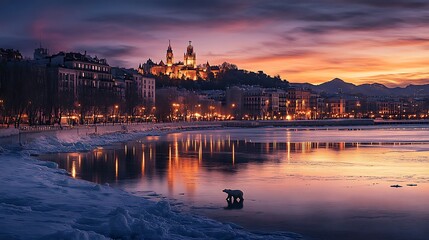 Polar bear by frozen river at sunset, city skyline and castle in background.